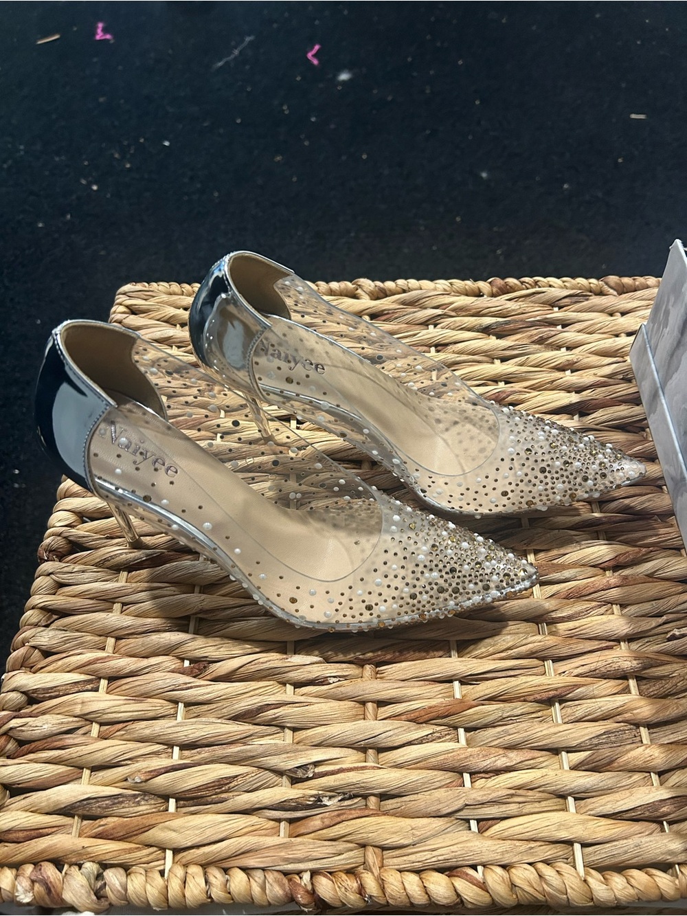 Clear Pointed Toe Slingback Heels with Crystal Accents - Nude